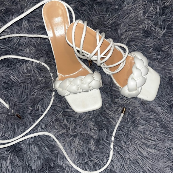 White Ankle Tie Heels - Picture 2 of 6